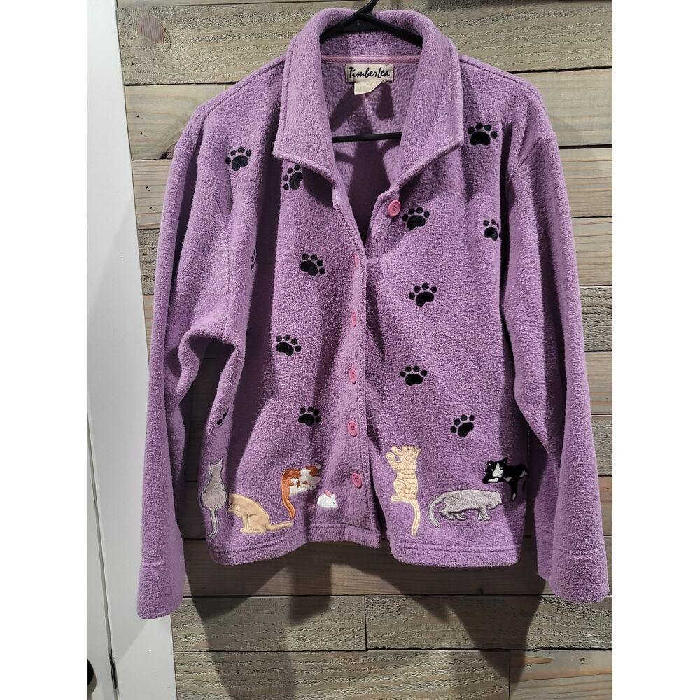 Vintage Timberlea Purple Embroidered Paw Print Button Down Sweater Jacket Plush